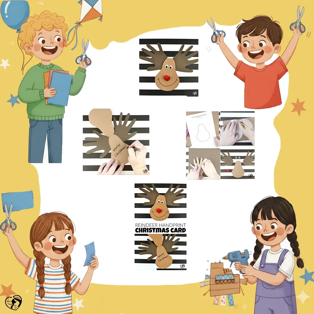 کاردستی 27 کاردستی کارت کریسمس با طرح گوزن شمالی و اثر دست